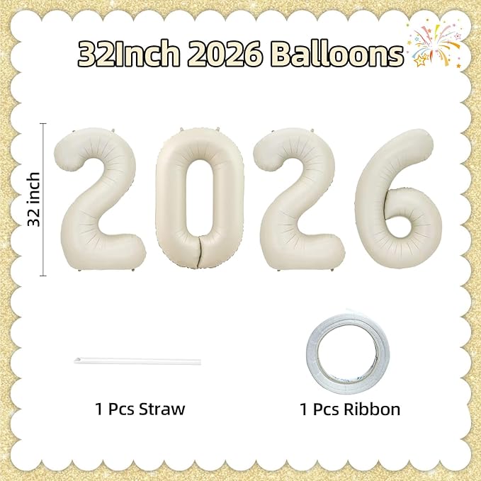 KALOR 32 Inch 2026 Cream White Foil Number Balloons, 2026 New Years Decorations for 2026 Happy New Year Eve and Graduations Party Supplies