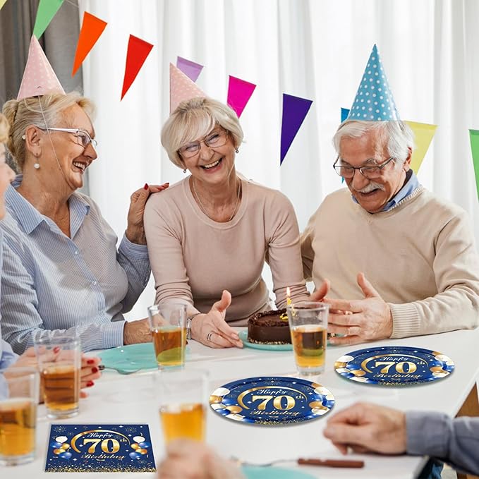 40PCS 70 th Birthday Decorations For Men Navy Blue and Gold Happy Birthday Party Decorations Include Plates Napkins for 70th Birthday Anniversary Party Supplies Decor