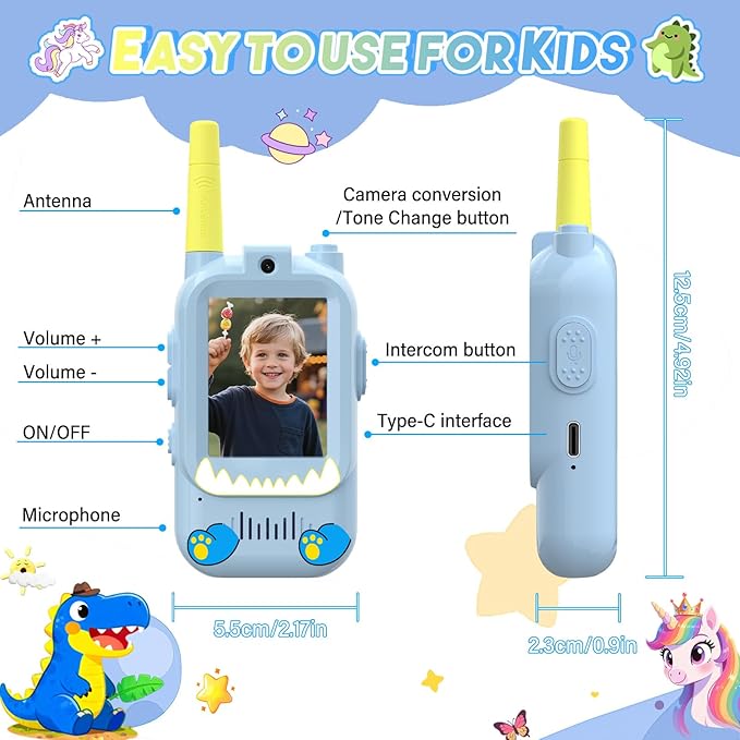 Video Walkie Talkies for Kids,ELFEYE Handheld Rechargeable Video/Voice Call Children Walkies Talkies,Toddler Toy for Indoor Outdoor Games,Camping Hiking,Gift for Kids Ages 3-12 (Blue/Blue)