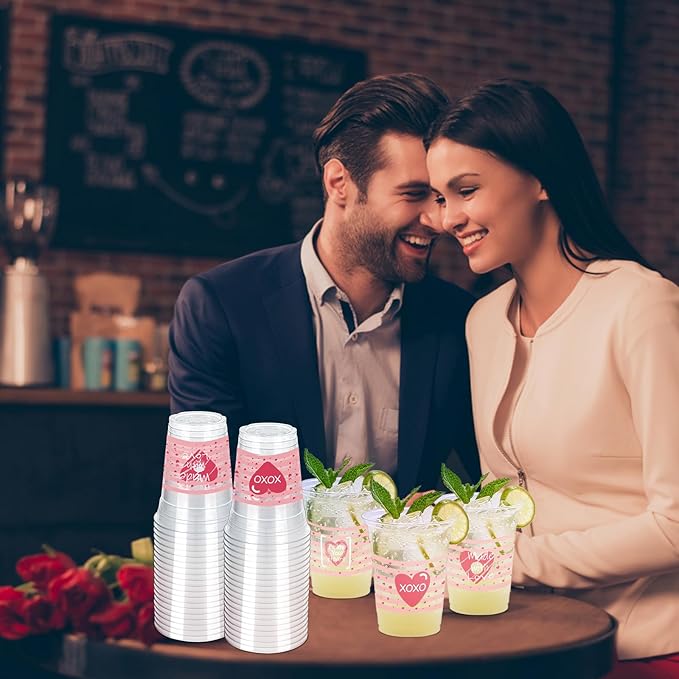 100 Pcs Valentine's Plastic Cups,12 oz Valentine's Disposable Cups Valentines Party Theme Cups Pink Red Heart Cups for Anniversary Wedding Birthday Dinner