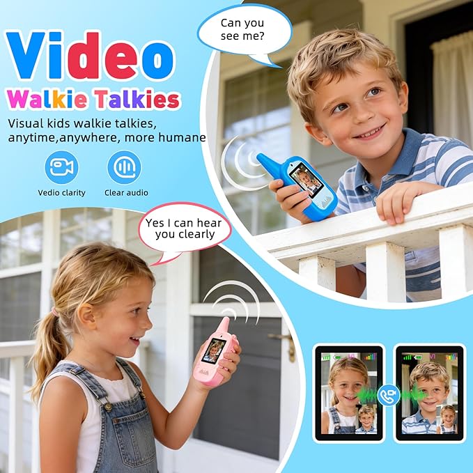 Video Walkie Talkies for Kids 2 Pack, Handheld Games for Kids, Intercom with Voice Changer, Long Range Outdoor Family Games, Camping, Hiking, Travel Toys Gifts for Boys and Girls Ages 3-12