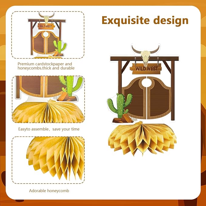 24 Pcs Wild West Party Decorations, Western Cowboy Happy Birthday Decorations, Cowboy Table Honeycomb Centerpieces Decor Table for Party Supplies for Women Men The West Cow Boys Girls Cowgirl Rodeo