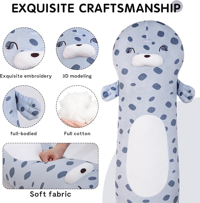 22inch Large Ocean Seal Stuffed Animals Body Pillow, Big Chubby Seals Blob Plush Toy Plushy Long Gift for Boys Girl Birthday