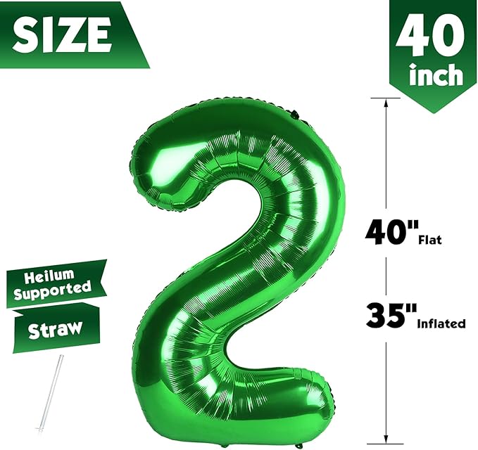 40 Inch Dark Green Number 2 Balloon, Giant 2 Number Balloons for 2nd Birthday Decorations, Party Supplies for Baby Boy Girl, Dark Green Party Decor