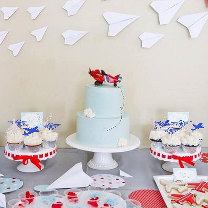 24 Pack Air Force Cupcake Toppers Glitter Military Emblem Airplane Cupcake Picks for Army Navy Airplane Theme Kids Birthday Cake Decorations Party Supplies Blue Silver