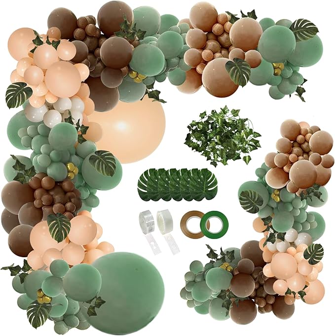 PERPAOL 148PCS Sage Green Brown Balloon Garland Kit, Jungle Safari Woodland Forest Wild One Camper Balloon Arch, Olive Green Gold Coffee Cocoa Balloons for Birthday Wedding Shower Party Decorations