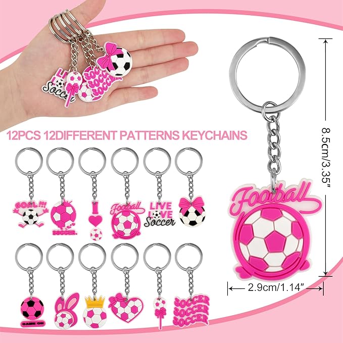 36 Pcs Pink Soccer Party Favors, Soccer Team Gifts for Girls Set Includes 12 Drawstring Goodie Bags, 12 Motivational Bracelets, 12 Keychains, Sports Birthday Party Supplies Decorations for Women