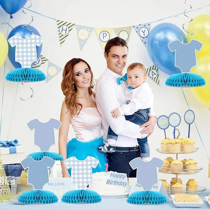 6 Pcs Blue Bodysuit Party Decorations, Blue Gingham Honeycomb Centerpieces, Birthday Decorations for Tables Decor Table for Party Supplies Perfect for Women Men Baby Shower Boys Girls