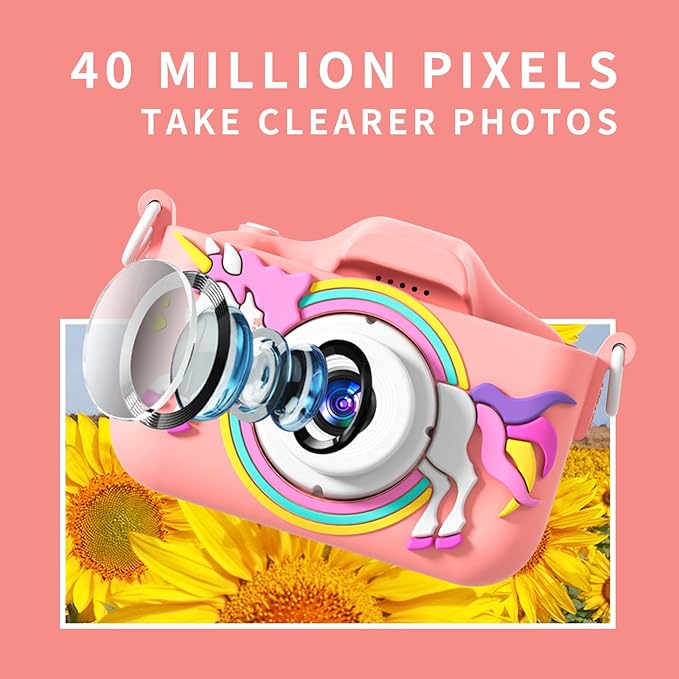 Kids Camera, Rainbow Design, 2.0 Inch LCD Screen, with 64GB Memory Card, Girls Toy