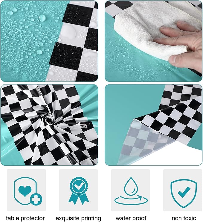 Oudain Cars Birthday Racing Decorations - Round Tablecloth, Checkered Flag Table Covers, Road Plastic Table Cloth, 1950s Disco Dancing Party Tablecloth (Blue,6 Pcs)