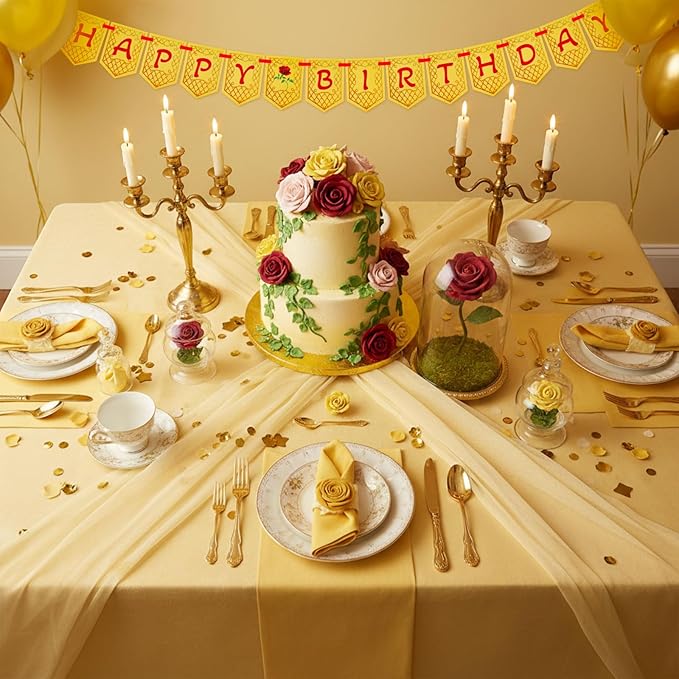 Ctosree Yellow Beauty Princess Party Supplies 8.2ft Happy Birthday Banner Signs Yellow Rose Flag Hanging Bunting Banner Flag for Photo Props Birthday Party Decoration