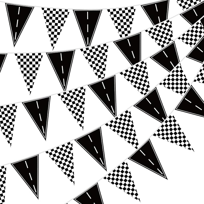 Jetec 5 Pack 49 Ft Checkered Racing Flag Banner for Race Car Party Decorations, Black White Pennant Bunting, Road Track Birthday Supplies for Sports Theme Event Decor, Indoor Outdoor Hanging Flags