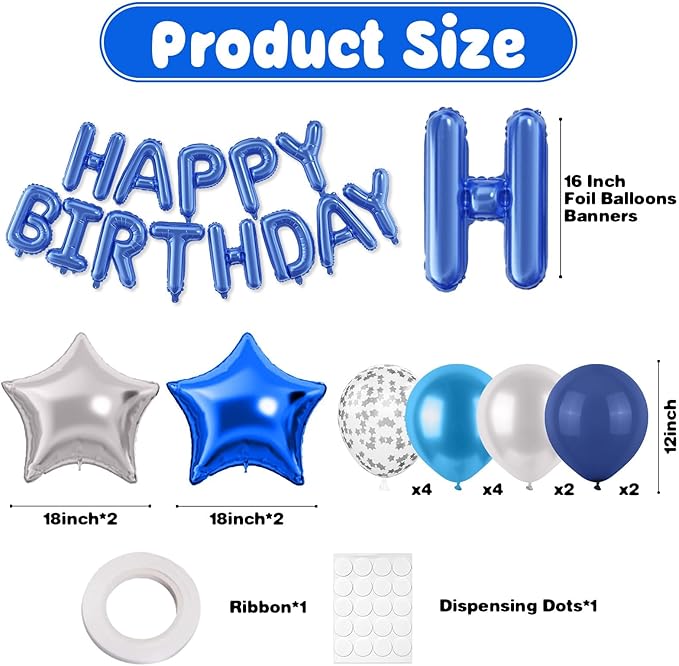 29PC Blue Happy Birthday Balloon Banner, 16 Inch 3D Aluminum Letter Banner Sign, Metallic Silver Pearl Dark Blue Confetti Balloons 18 Inch Star Foil Balloons for Women, Men Party Supply