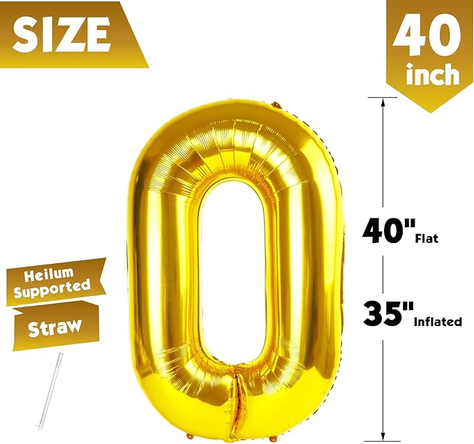 40 Inch Gold Number 0 Balloon, Giant Number 0 Balloons for 10th 20th 30th 40th Birthday Decorations, Party Supplies for Baby Boy Girl, Gold Party Decor