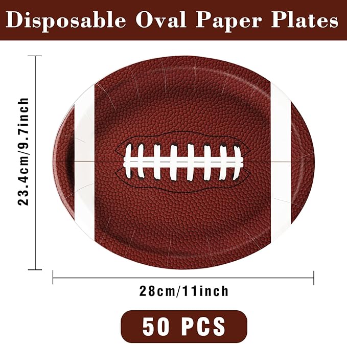 50PCS Football Plates, Large 9 x 11 inch Football Shaped Disposable Paper Plates for Football Birthday & Tailgate Party Decorations