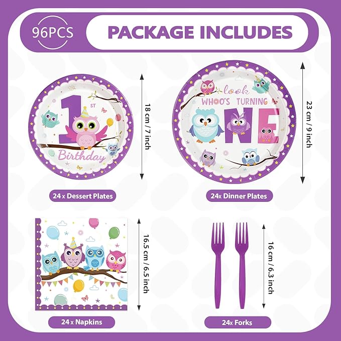 96Pcs Owl 1st Birthday Party Supplies Cute Owl Plates and Napkins Look Whoo's Turning One Tableware Set for One Years Old Boys Girls Animals Theme Birthday Party Decorations Serves 24