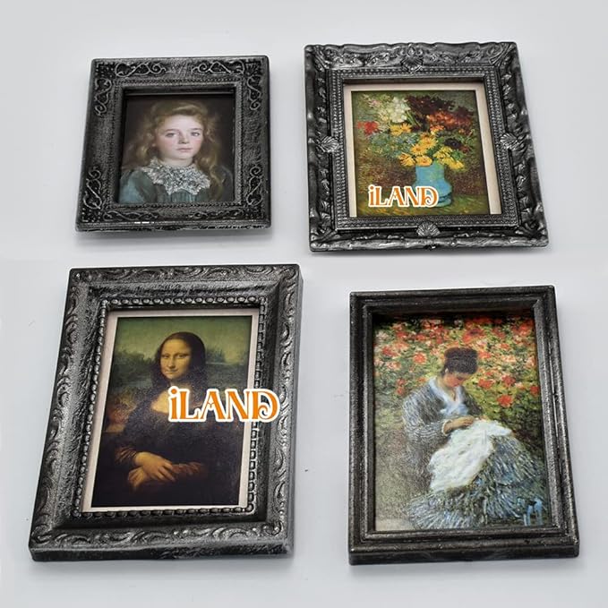 iLAND Miniature Dollhouse Accessories for Dollhouse Furniture on 1:12 Scale, Dollhouse Frames w/Printed Classic Paintings Set (4 Matte Silver Frames & Pictures)