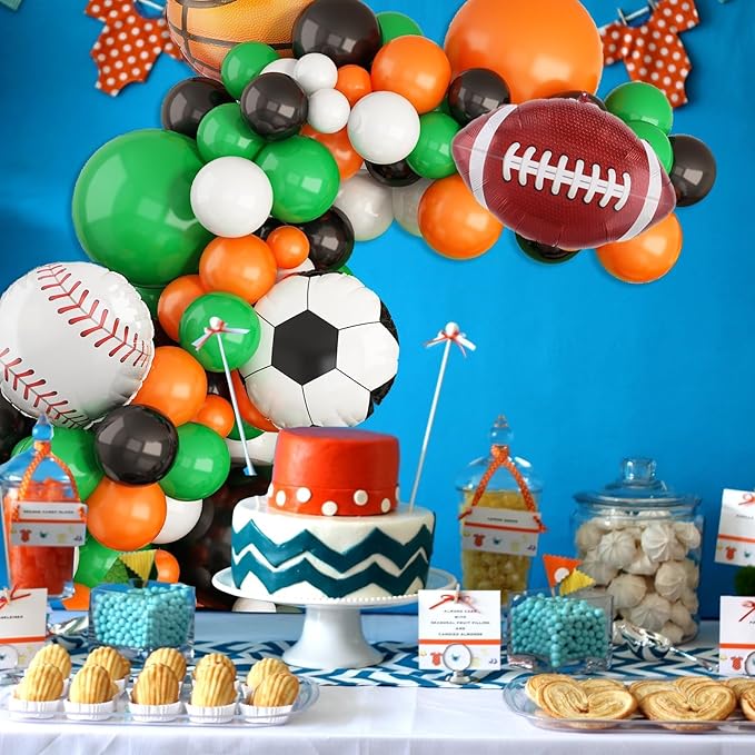 Sport Balloons Arch Garland,Ball Theme Balloon Garland Kit White Green Black Orange Balloons Ball Foil Balloons for Sports Theme Party Games Garden Theme Party Celebration Party