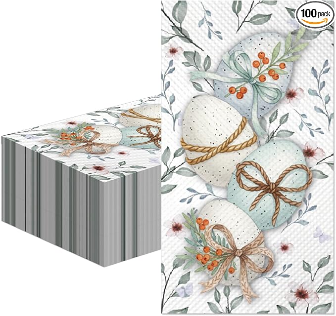 100Pcs Easter Napkins - Watercolor Flower Egg Party Napkins Spring Floral Theme Party Supplies Disposable Luncheon Dinner Napkins 7.8" x4.3" for Tea Party Kitchen Bathroom