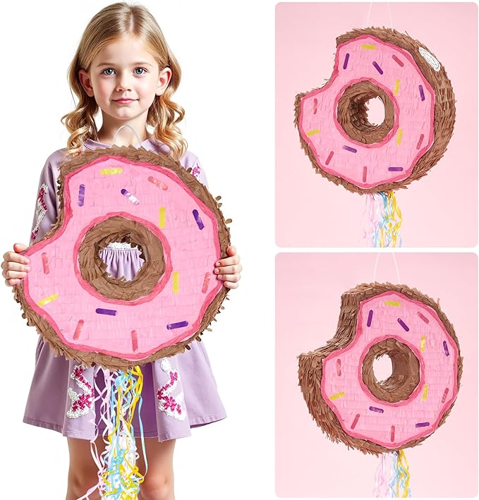 WERNNSAI Donut Piñata - Pink Donut Piñata with String Birthday Party Decorations Piñata with Stick Blindfold for Girls Kids Dount Pull String Piñata Family Games Birthday Party Supplies