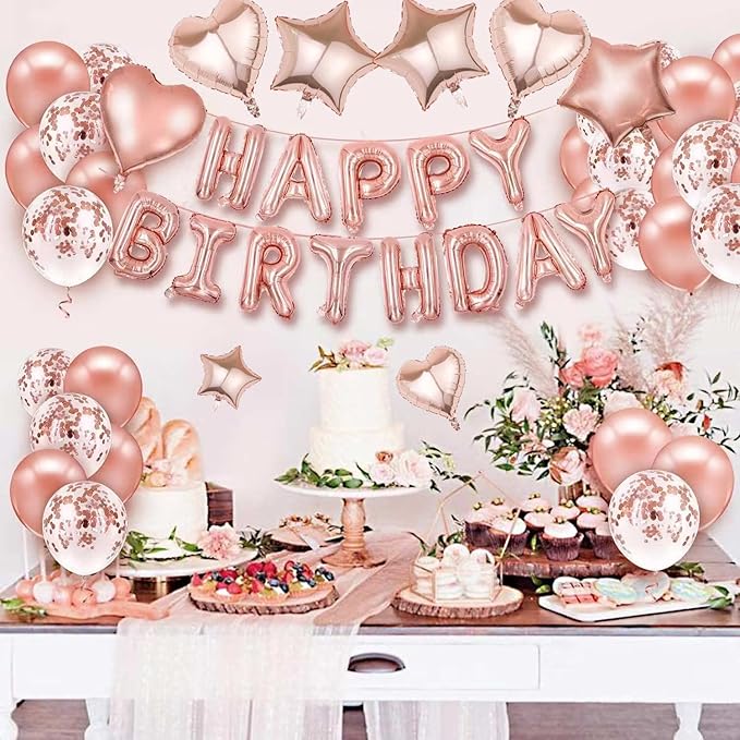 27 Pcs Rose Gold Birthday Decorations, 3D Foil Rose Gold Happy Birthday Balloon Banner, Pentagram Heart Foil Balloons Confetti Balloons Kit For Boys Girls Birthday Party Supplies