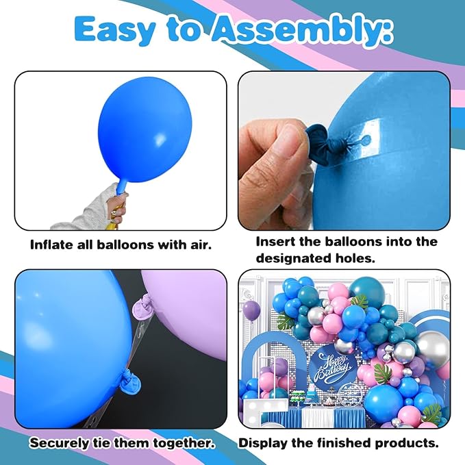Blue Purple Balloon Arch Garland Kit, Purple Pink Blue Metallic Silver Balloons for Kids Birthday Hawaii Tropical Party Supplies Video Gaming Baby Shower Party Decorations