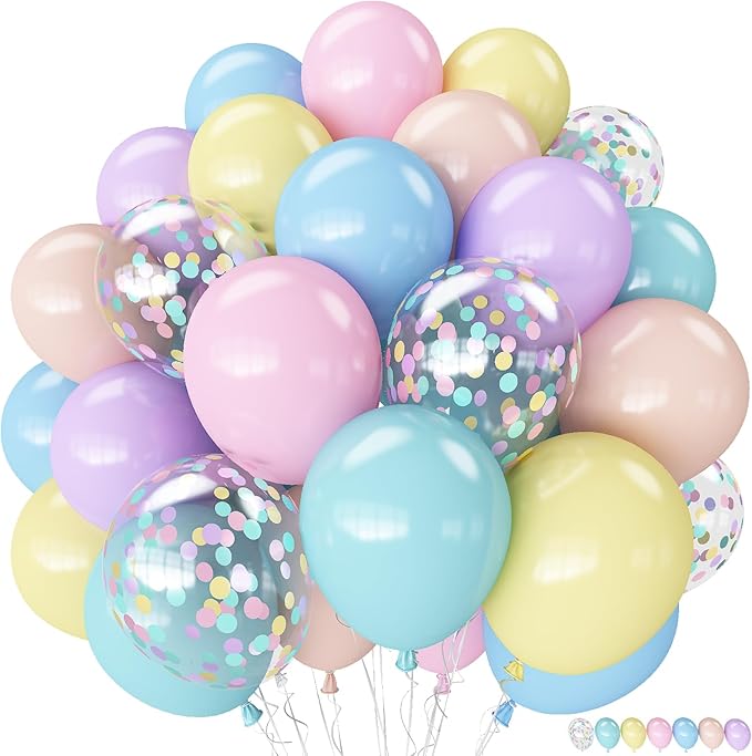 Pastel Balloons, 12 Inch Rainbow Macaron Pink Blue Teal Yellow Purple Apricot Assorted Balloon whit Colorful Confetti Clear Balloon for Easter Birthday Bridal Baby Shower Wedding Tea Party Decor