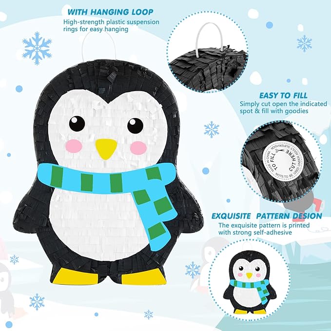 Lewtemi 15.1 Inch Penguin Piñata Penguin Party Supplies Candy Animal Piñata with Stick Confetti and Blindfold Gift for Boy Girl Adult Winter Theme Birthday Party Supplies Decorations (Classic)