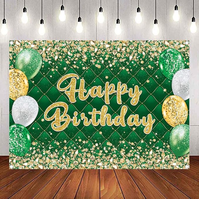 Green Gold Birthday Banner Backdrop Gold and Green Glitter Happy Birthday Photography Background Men Women Kids Party Decoration Photo Supplies (Green, 82x59inch (7x5FT))