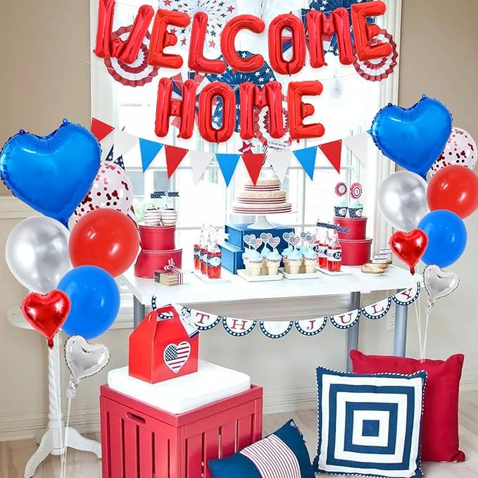 TONIFUL Welcome Home Decorations,16 Inch Red Welcome Home Foil Balloon Banner Red Blue White Confetti Balloons Pennant Flag Bunting for Homecoming Party House Warming Party Family Gathering Supplies
