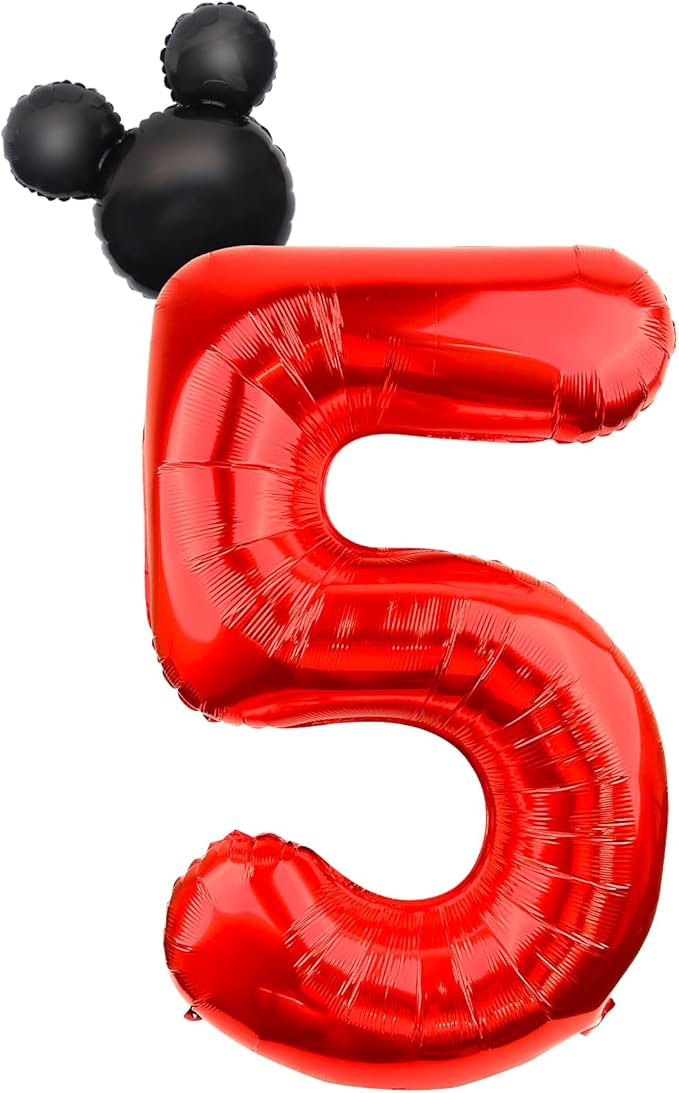 40 Inch Mouse Number 5 Balloon Mini Mouse Head Balloon, Black Red Number 5 Balloon, Mouse Clubhouse Birthday Balloon for 5th Birthday Party Baby Shower Anniversary Supplies