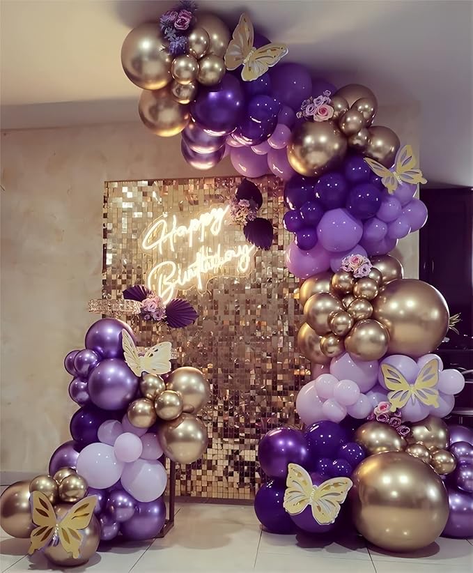 Purple Balloon Garland Kit With Butterfly Dark And Gold Arch Lavender Light Decoration For Baby Girl Princess Party Birthday