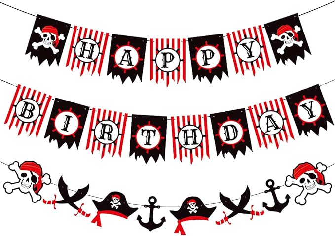 Zwiebeco Red Black White Pirate Happy Birthday Banner Bunting Garland Sign for Boys Girls Kids Teenagers Mens Womens Adults Sea Rover Themed Party Decorations Supplies
