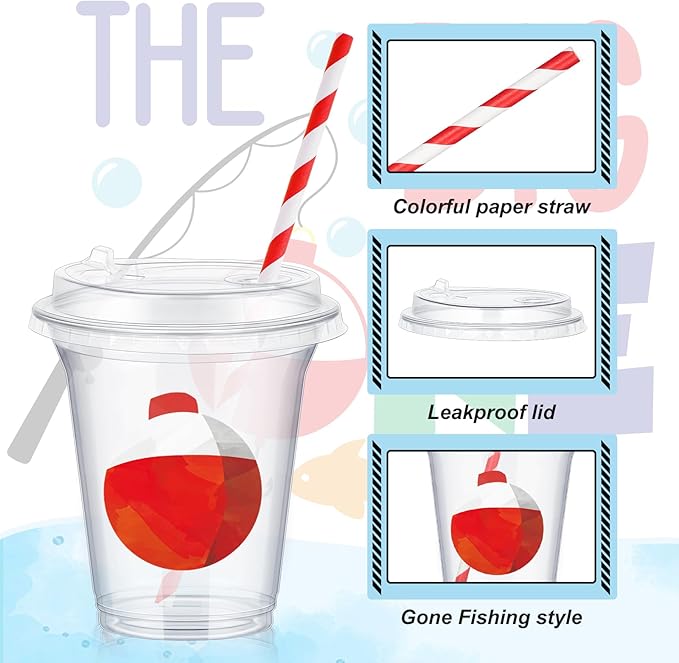 Boao 36 Sets Watercolor Gone Fishing Party Cups with Lids and Paper Straws 14 oz Disposable Clear Plastic Cups Bulk for Gone Fishing Birthday Party Favor Supplies Decorations