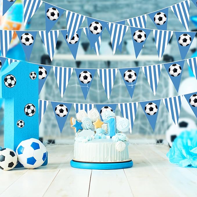 Faccito 5 Pack Blue Soccer Banners Soccer Party Decorations Sports Champion Paper Pennants Blue Hanging Triangle Flags Garland Bunting for Sports Game Fans Outdoor Indoor Birthday Party Supplies