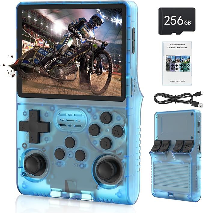 FHYRGF[30000 in 1] R40S PRO Handheld Game Console 3.5 inch IPS Screen Mini Retro Console 3800mAh Portable Pocket Arcade 12+ Mainstream Emulator 256G TF Card Transparent.(Blue)