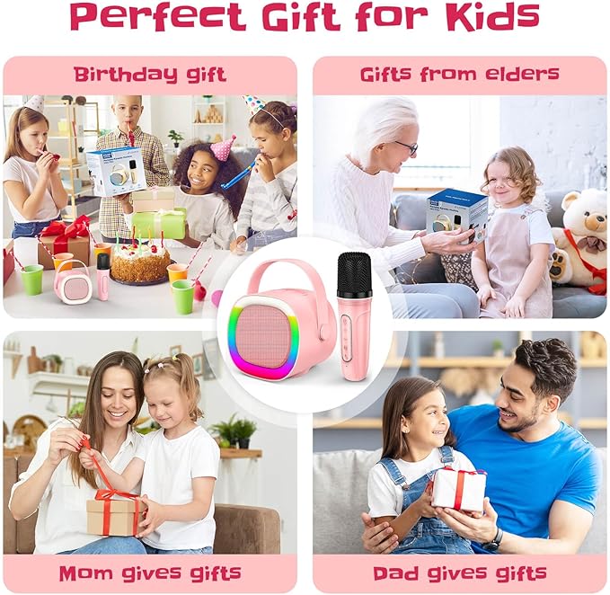 LENRUE Karaoke Machine for Kids, Birthday Gifts for Girls Boys Teens with Wireless Microphone, Colored Lights, Trendy Stuff Gifts for 3, 4, 5, 6, 7, 8, 9, 10 +Year Old (ProPink 2Mic)