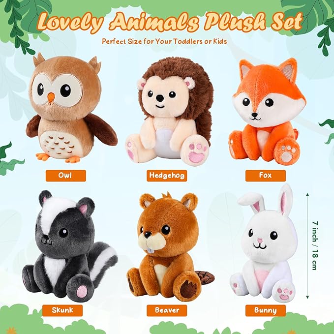 6 Pcs Safari Animals Toys 7 Inch Owl Rabbit Fox Beaver Hedgehog Skunk Large Stuffed Animals Bulk for Woodland Baby Showers Party Decor Birthday Gifts Classroom Teacher Student Awards