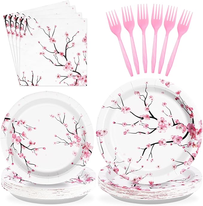 Grencian 96 PCS Cherry Blossom Party Supplies Cherry Blossom Plates and Napkins Disposable Tableware Set Cherry Blossom Birthday Decorations for Baby Bridal Shower Tea Cherry Blossom Decor Serves 24