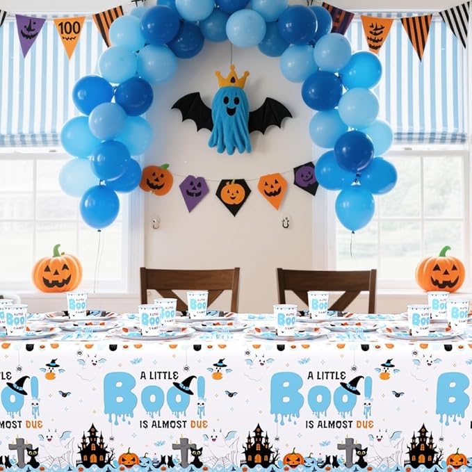 194Pcs Halloween Baby Shower Decorations for Boy A Little Boo is Almost Due Baby Shower Party Plates, Cup, Napkin, Tablecloth, Tableware, Halloween Themed Party Supplies Plates Serve 24 Guests