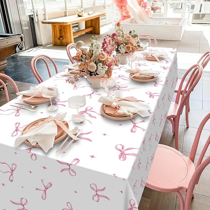 3Pcs Coquette Party Tablecloths Decorations,Pink Bow Plastic Table Cover Disposable Rectangle Table Cloth for Girls Birthday Bridal Wedding Party Supplies,54x108 Inch