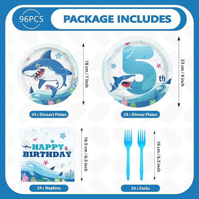 96Pcs Shark 5th Birthday Party Supplies Blue Ocean Shark Plates and Napkins Under The Sea Tableware Set for Kids 5 Years Old Blue Ocean Theme Birthday Party Supplies，Serves 24