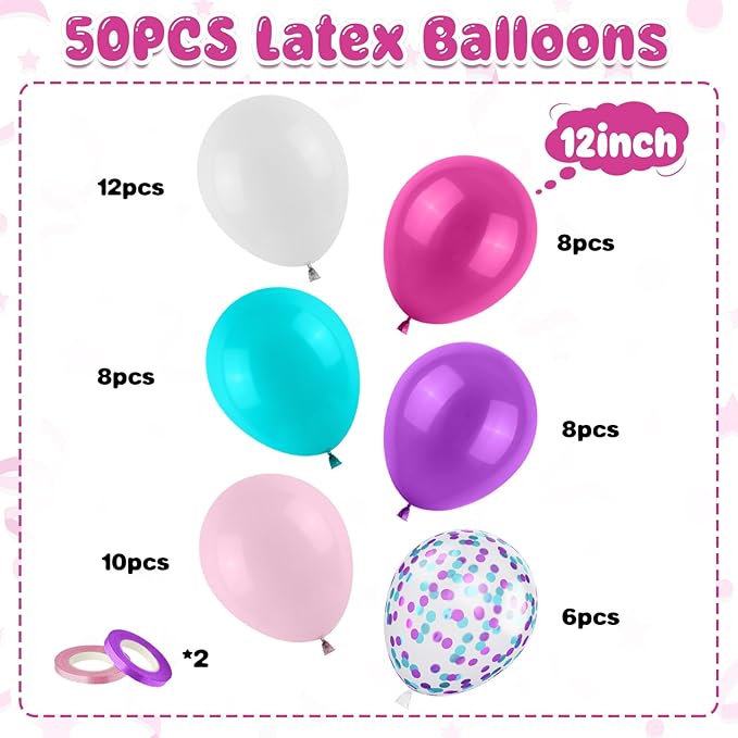 Pink Purple White Balloon, 50PCS 12Inches Teal Blue Purple Hot Pink Party Balloons Pastel Latex Balloon for Girls Birthday Baby Shower Wedding Graduation Party Decorations