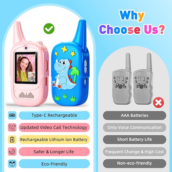 Video Walkie Talkies for Kids 2 Pack, Handheld Games for Kids, Intercom with Voice Changer, Long Range Outdoor Family Games, Camping, Hiking, Travel Toys Gifts for Boys and Girls Ages 3-12