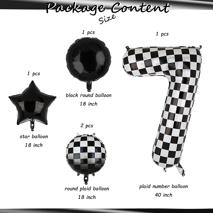 40 Inch Checkered Number Balloon 7 Black and White Race Car Birthday Balloons Baby Hippie Smile Party Shower Boys 7th Birthday Race Car Theme Party Decor Supplies 5 Pcs