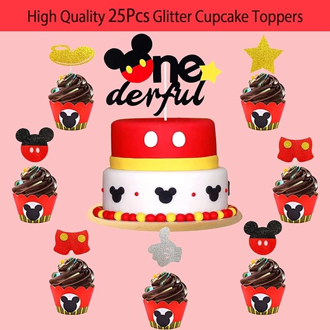 1st Mouse Birthday Party Supplies Decorations 58Pcs Happy Birthday ONE Banner Tablecloth 1 Foil Balloon Hat Door Sign Cupcake Topper Video Game Party Decorations for Boys Girls Kids Babies