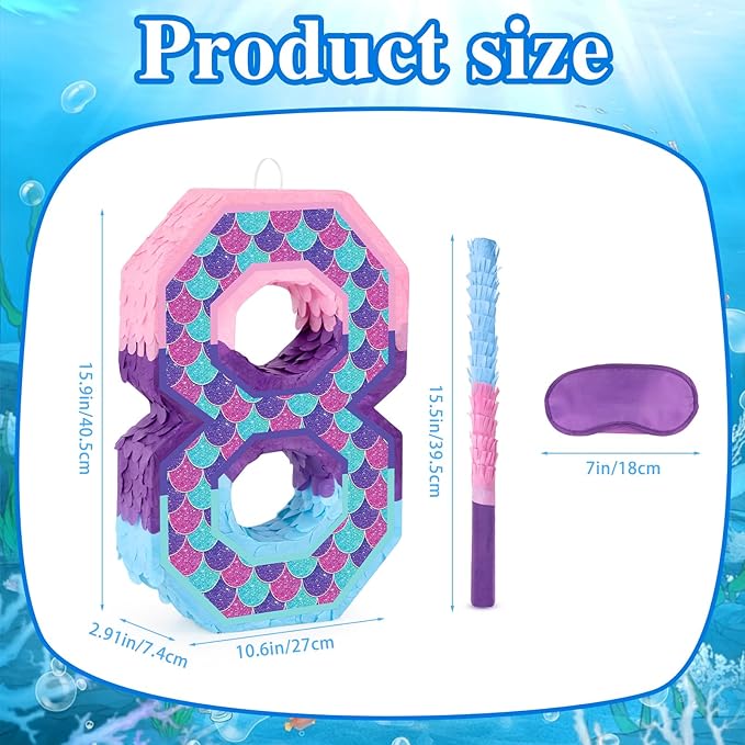 Mermaid Number 8 Pinata with Purple Pinata Stick Blindfold 8th Birthday Party Decorations for Kids Girl Happy Birthday Mermaid Ocean Theme Party Supplies (Small, 15.4 x 11 x 3 In)