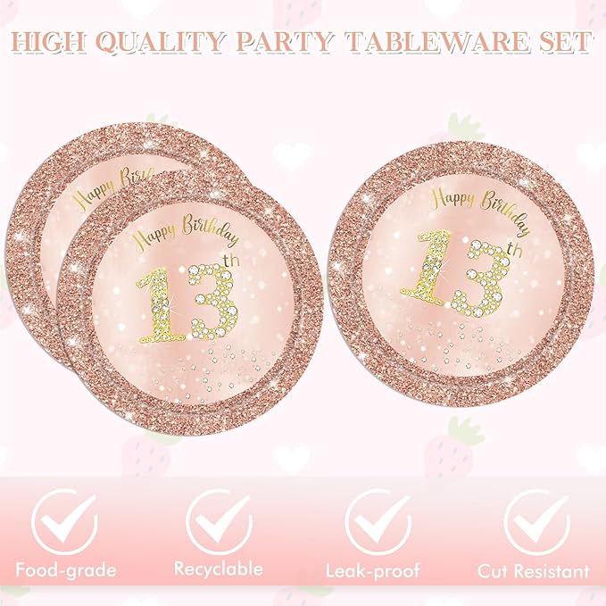 40PCS 13th Birthday Decorations for Girls Rose Gold Sweet 13 Birthday Decorations Disposable Tableware Include 13th Birthday Plates and Napkins for Official Teenager 13th Birthday Gifts