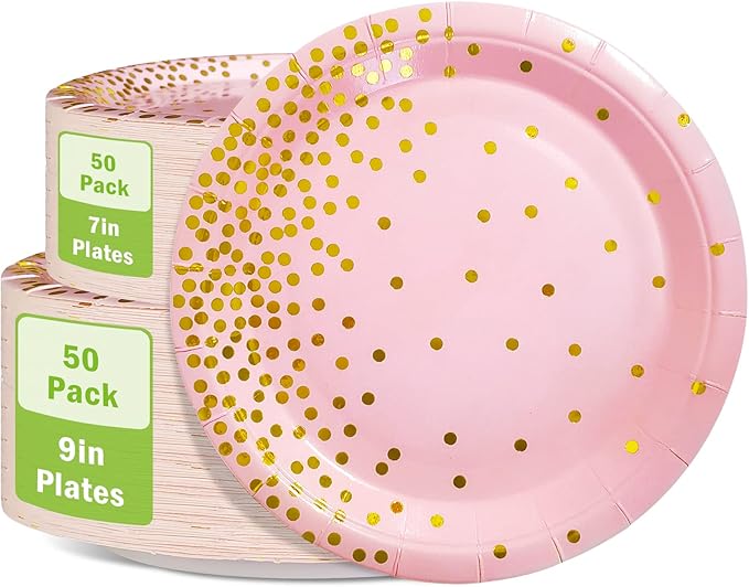 Pink and Gold Party Supplies, 100 Pack - 50 x 9" & 50 x 7" Disposable Paper Plates for Birthday, Wedding, or Any Party Decorations