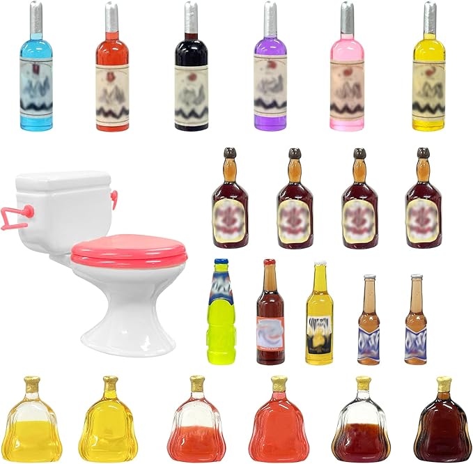 MEMOVAN Toilet Cake Topper 1PC and Miniature Wine Bottles Cake Cupcake Toppers 21PCS, Funny Mini Toilet Toy Dollhouse Cake Decorations for Bachelorette Party Or Birthday 21 and Up Girl Party